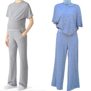 MONROW Sz M Gray Maternity Dolman Knit Short Sleeve Pockets Jumpsuit